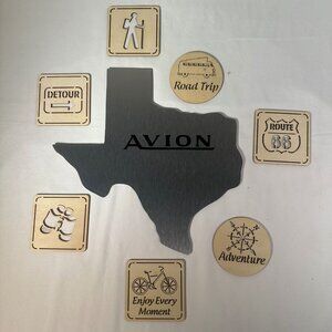AVION TEXAS Shaped Metal Sign 12" x 12" and Wood Trailer Trinkets/Patch Stencils